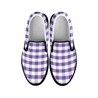 Purple And White Gingham Pattern Print Black Slip On Shoes