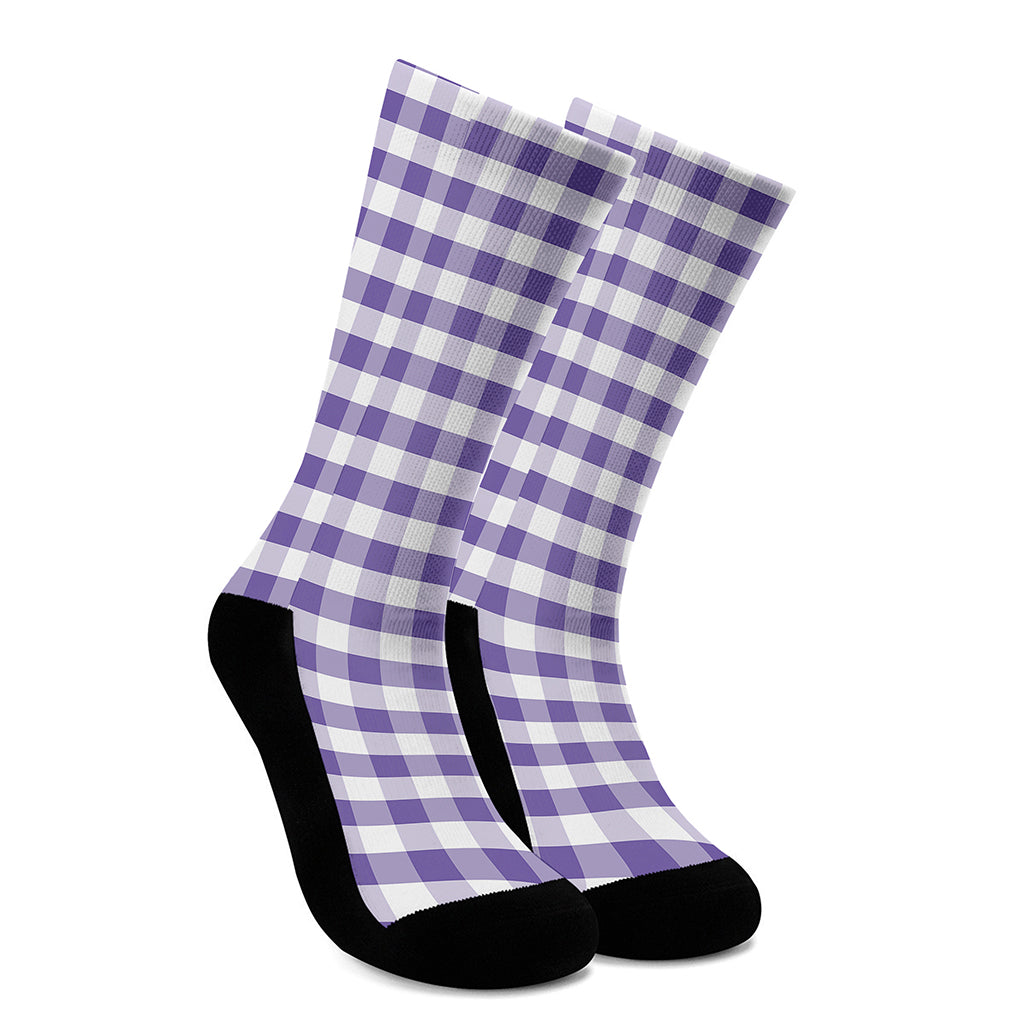 Purple And White Gingham Pattern Print Crew Socks