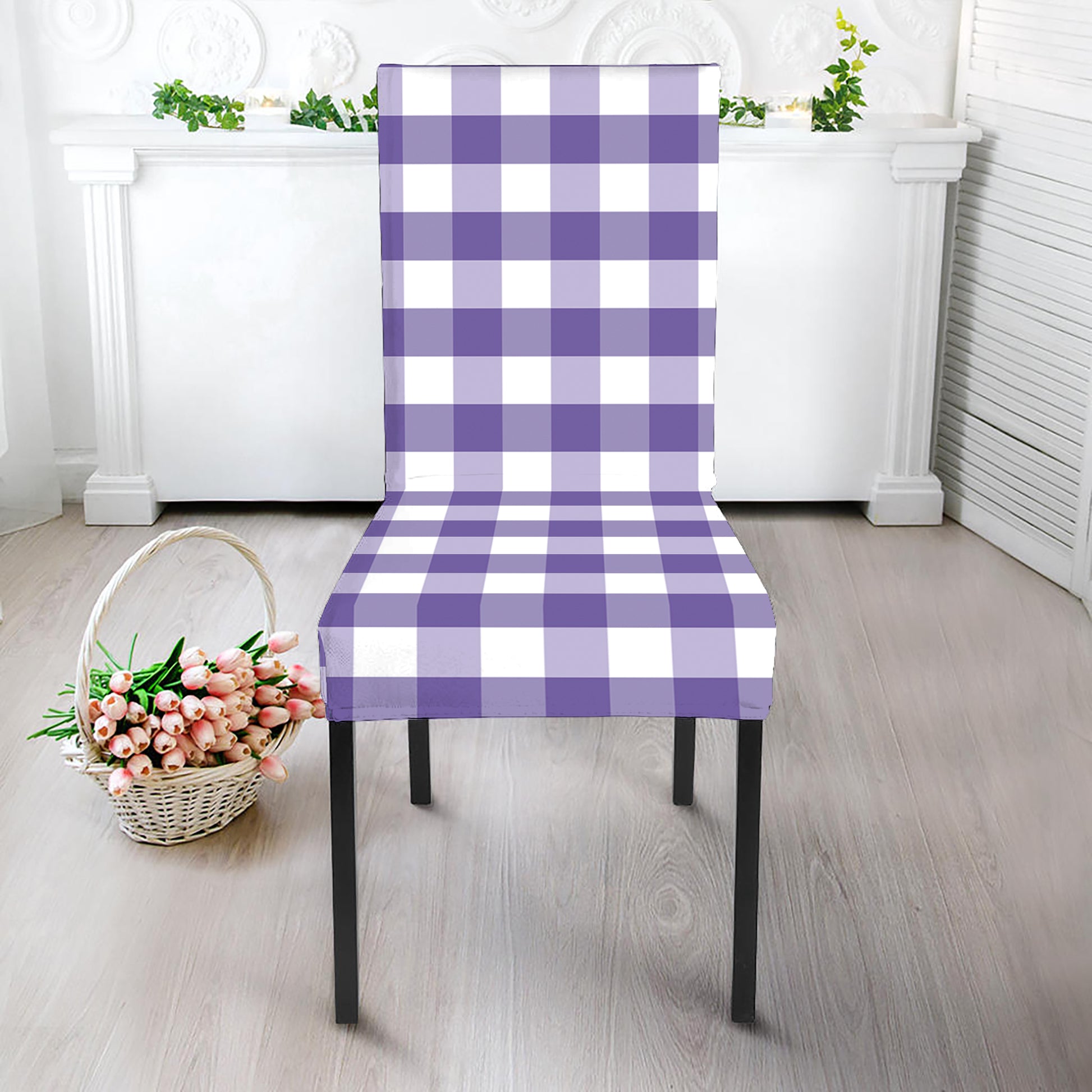 Purple And White Gingham Pattern Print Dining Chair Slipcover