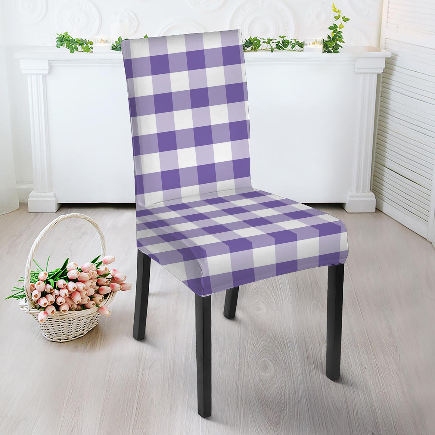 Purple And White Gingham Pattern Print Dining Chair Slipcover