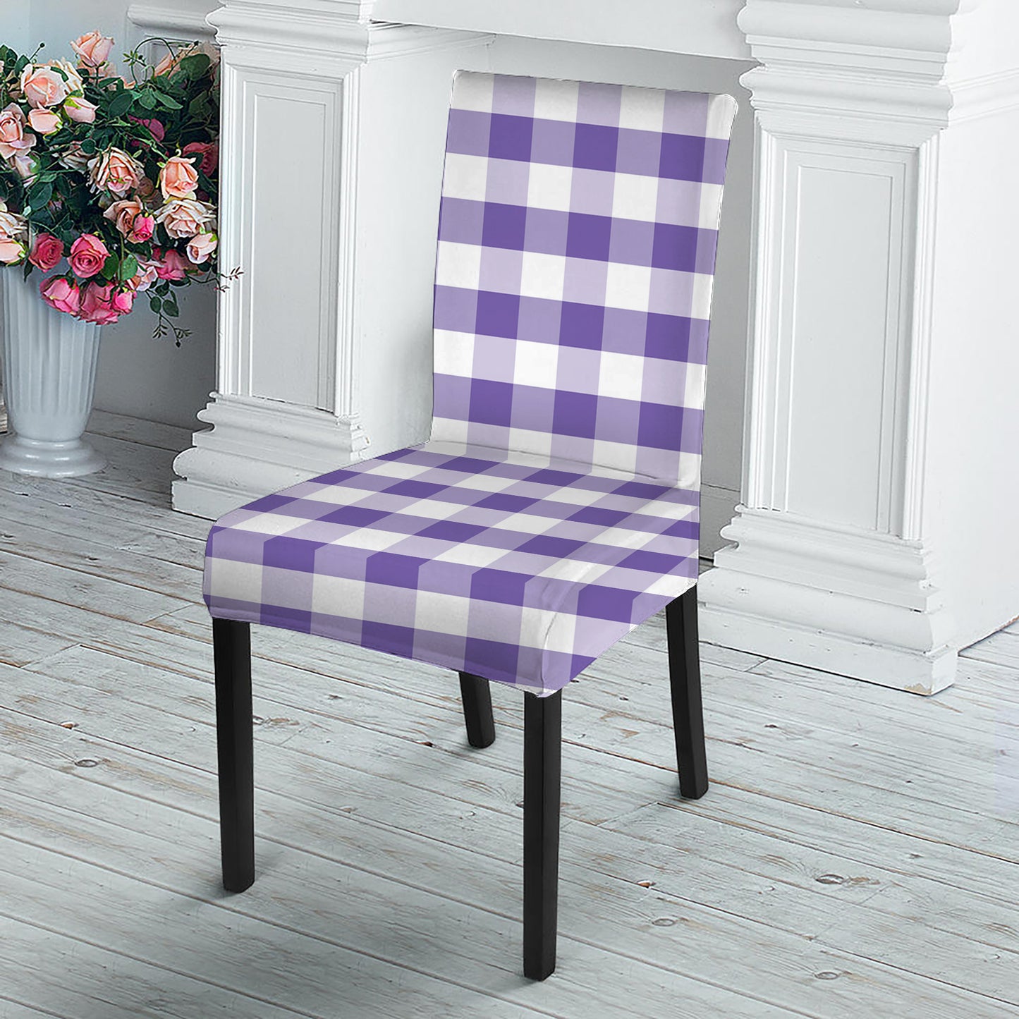 Purple And White Gingham Pattern Print Dining Chair Slipcover