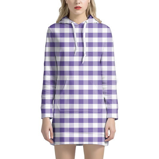 Purple And White Gingham Pattern Print Hoodie Dress