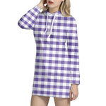 Purple And White Gingham Pattern Print Hoodie Dress