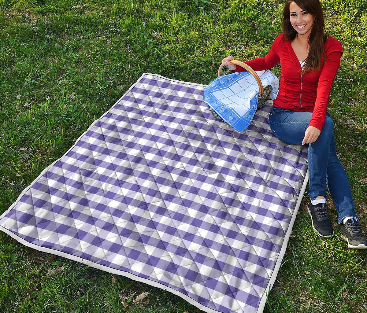 Purple And White Gingham Pattern Print Quilt