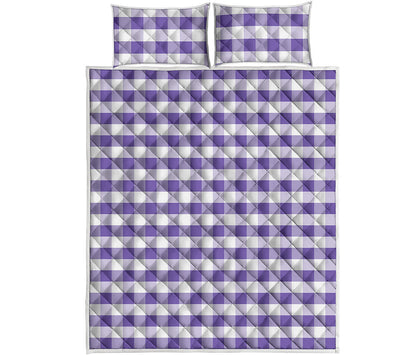 Purple And White Gingham Pattern Print Quilt Bed Set