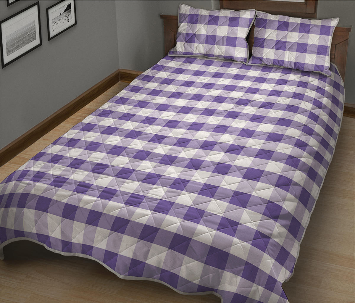 Purple And White Gingham Pattern Print Quilt Bed Set