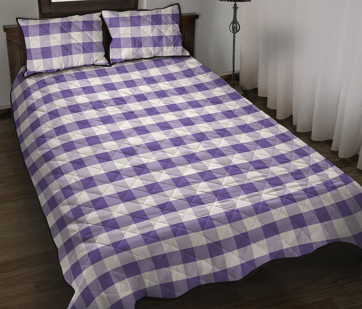 Purple And White Gingham Pattern Print Quilt Bed Set