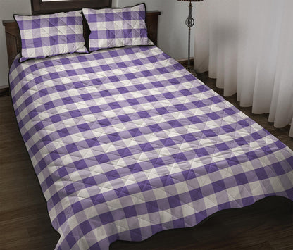 Purple And White Gingham Pattern Print Quilt Bed Set
