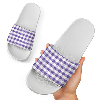 Purple And White Gingham Pattern Print White Slide Sandals