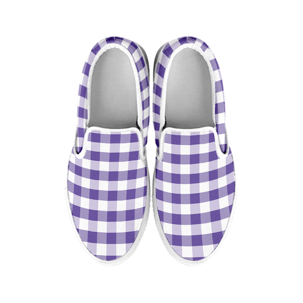 Purple And White Gingham Pattern Print White Slip On Shoes
