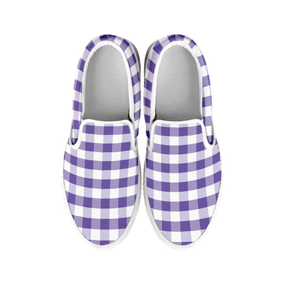 Purple And White Gingham Pattern Print White Slip On Shoes