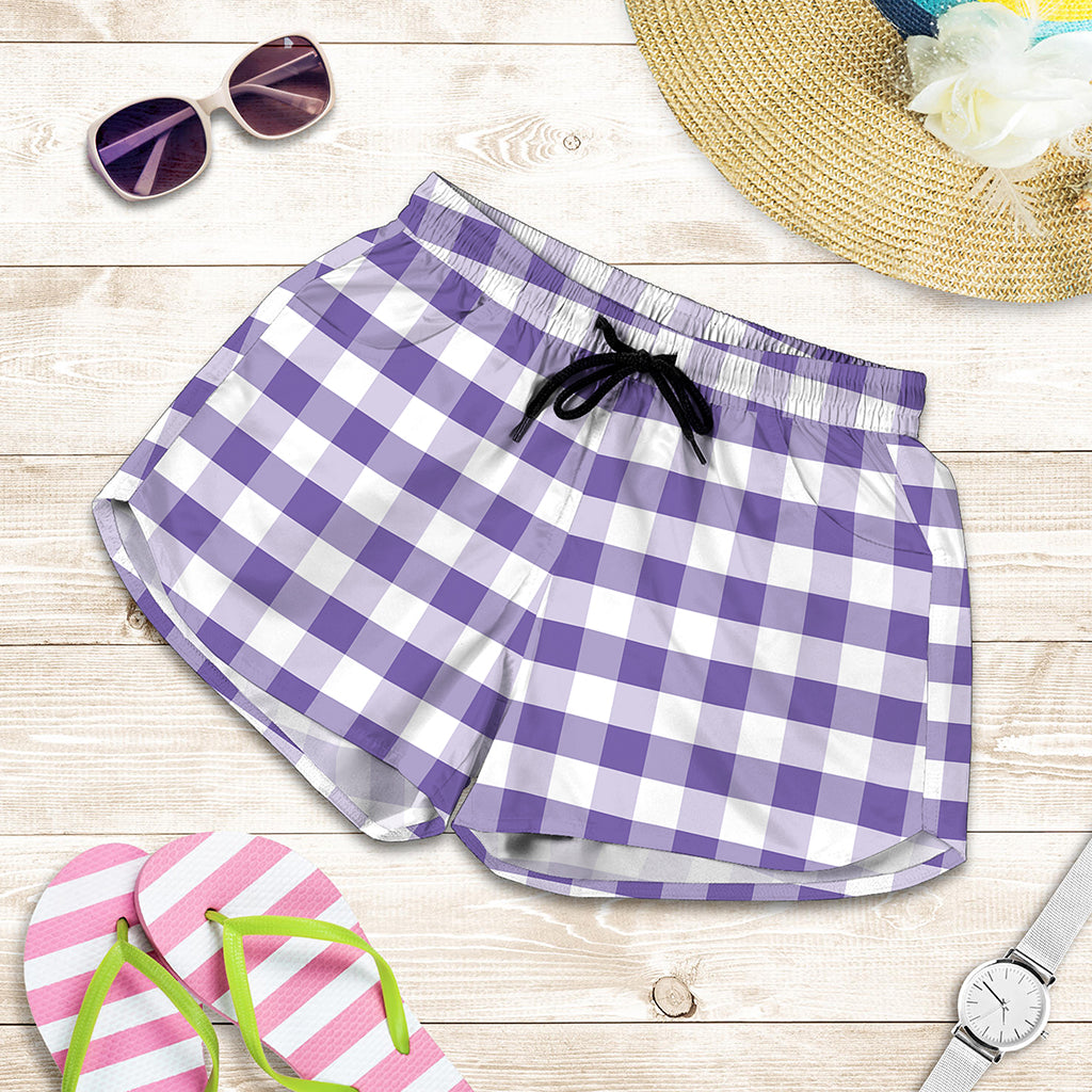 Purple And White Gingham Pattern Print Women's Shorts