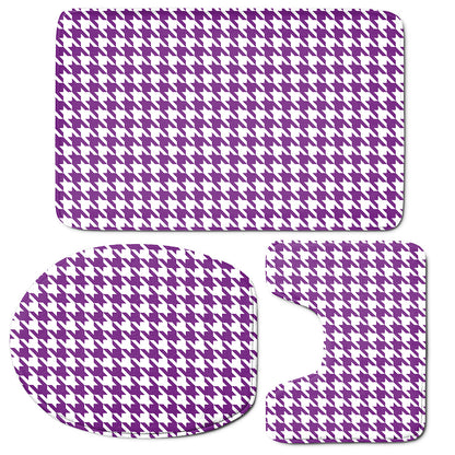 Purple And White Houndstooth Print 3 Piece Bath Mat Set