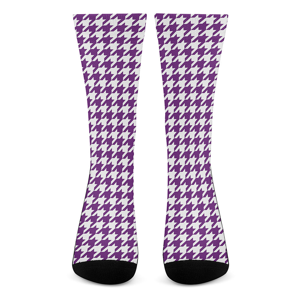 Purple And White Houndstooth Print Crew Socks