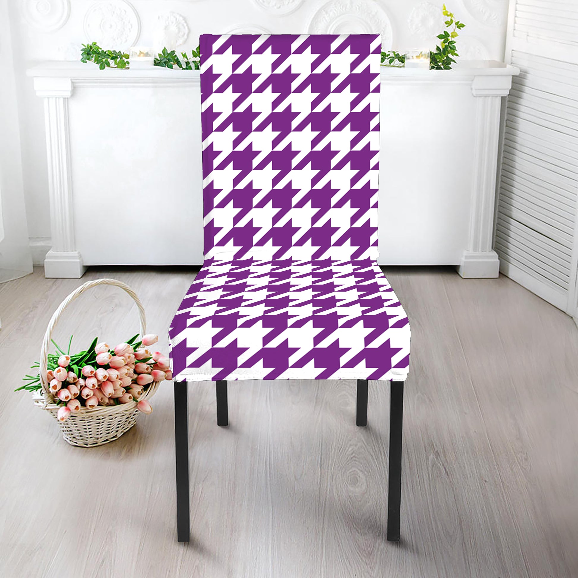 Purple And White Houndstooth Print Dining Chair Slipcover