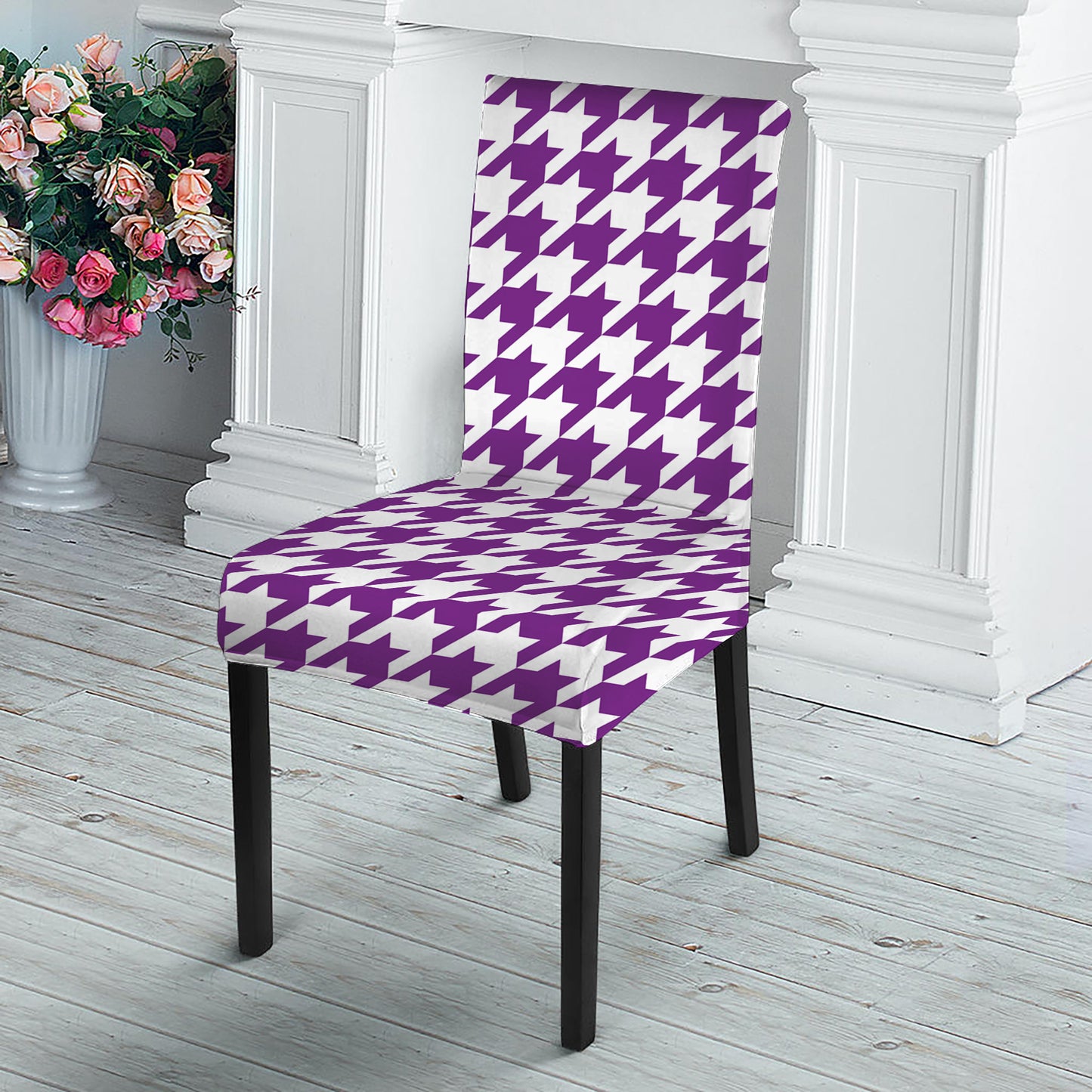 Purple And White Houndstooth Print Dining Chair Slipcover