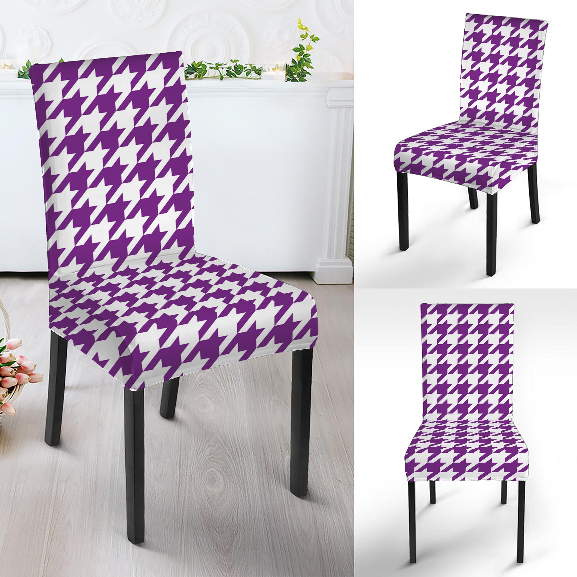 Purple And White Houndstooth Print Dining Chair Slipcover