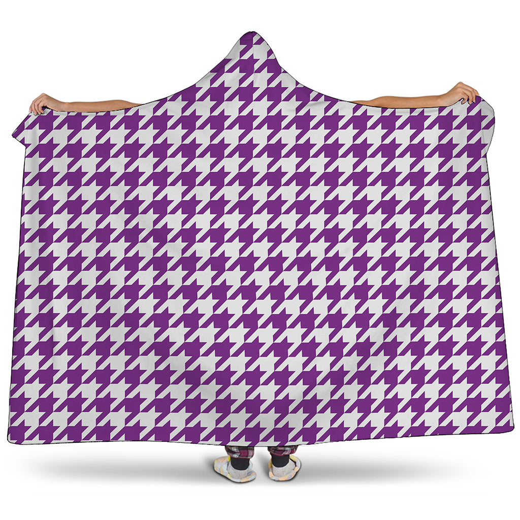 Purple And White Houndstooth Print Hooded Blanket