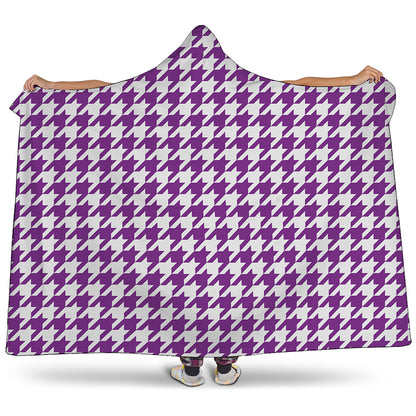 Purple And White Houndstooth Print Hooded Blanket