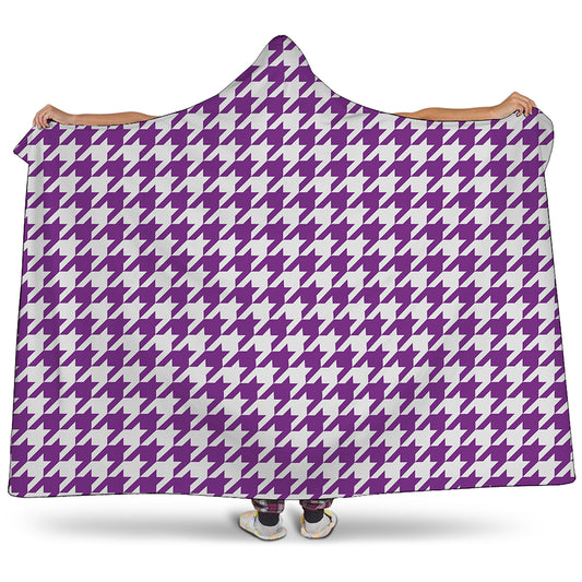 Purple And White Houndstooth Print Hooded Blanket