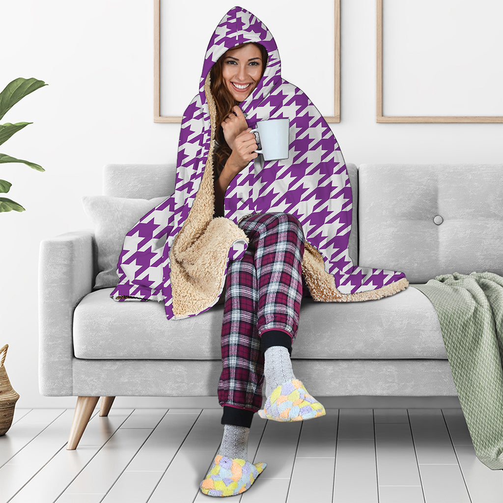 Purple And White Houndstooth Print Hooded Blanket