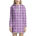 Purple And White Houndstooth Print Pullover Hoodie Dress