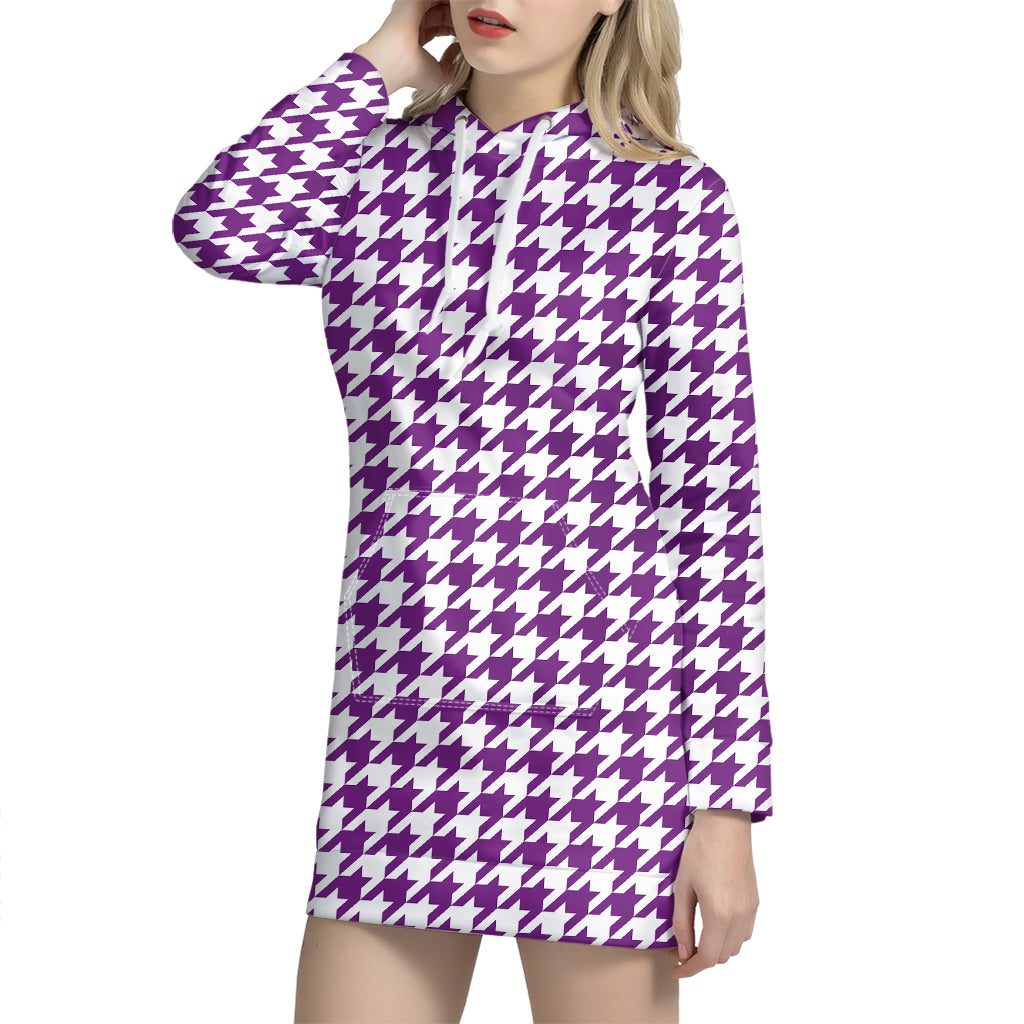 Purple And White Houndstooth Print Hoodie Dress