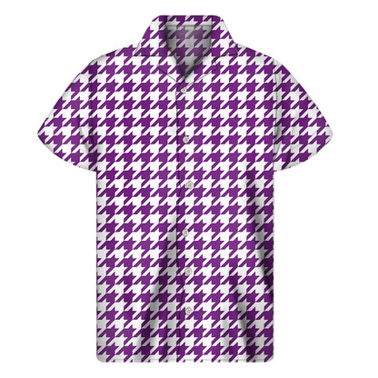 Purple And White Houndstooth Print Men's Short Sleeve Shirt