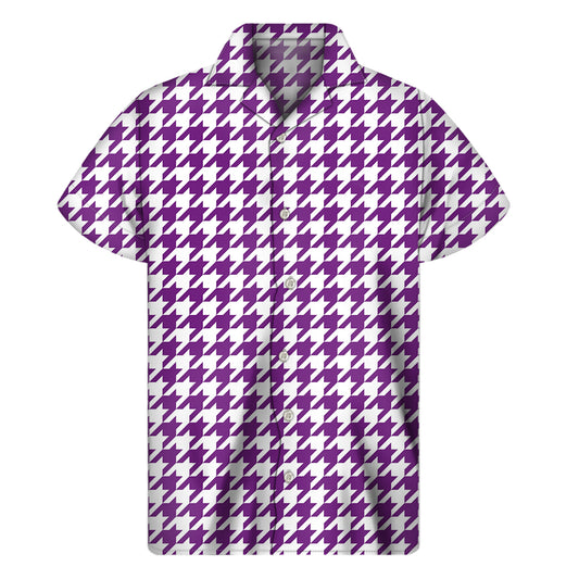 Purple And White Houndstooth Print Men's Short Sleeve Shirt