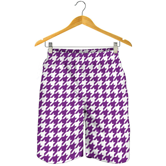 Purple And White Houndstooth Print Men's Shorts