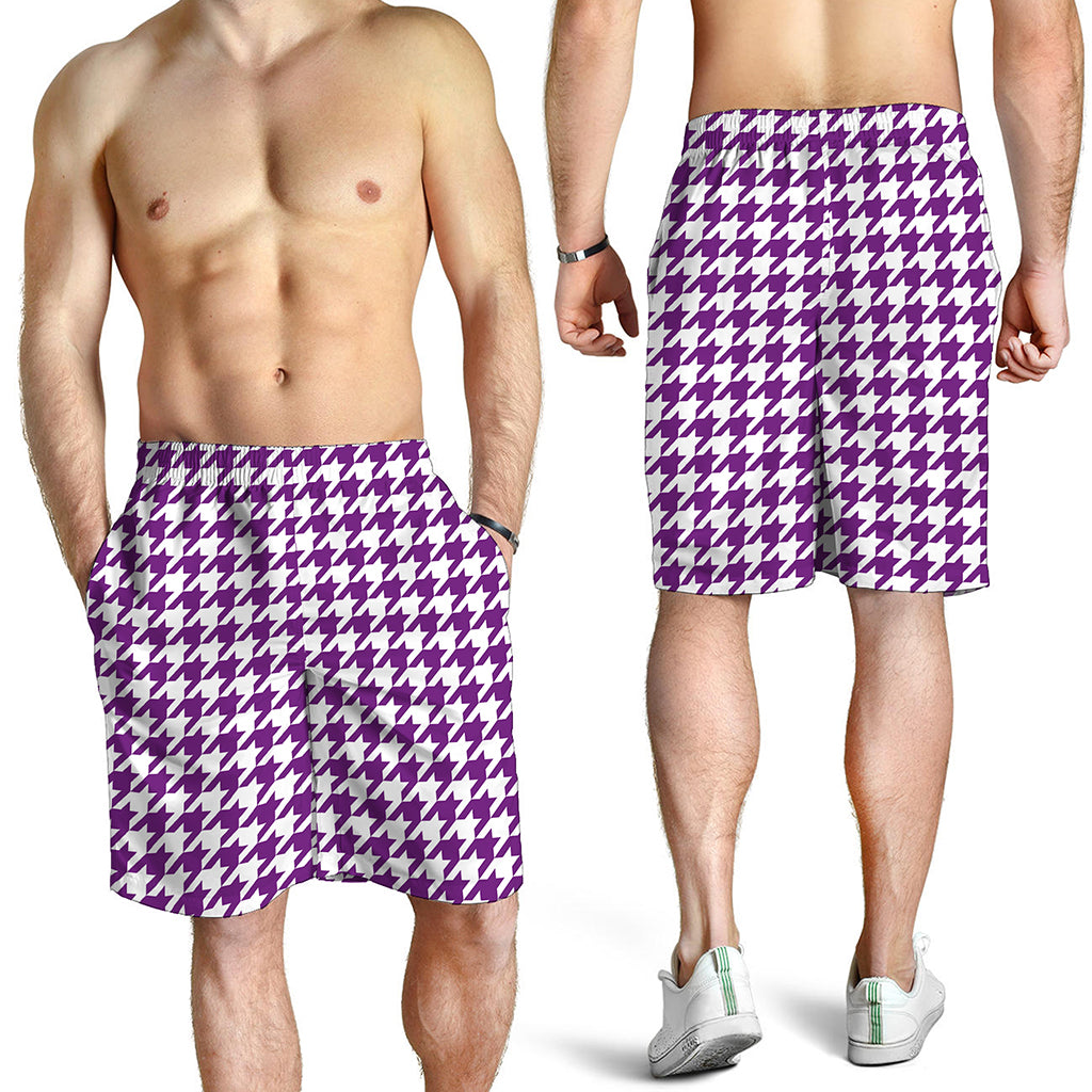 Purple And White Houndstooth Print Men's Shorts