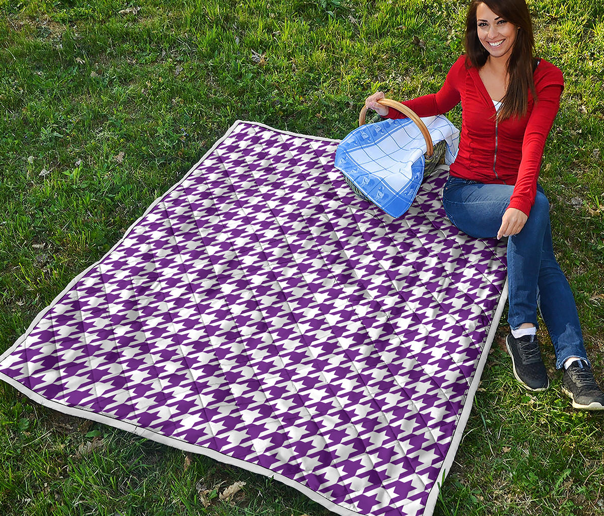 Purple And White Houndstooth Print Quilt
