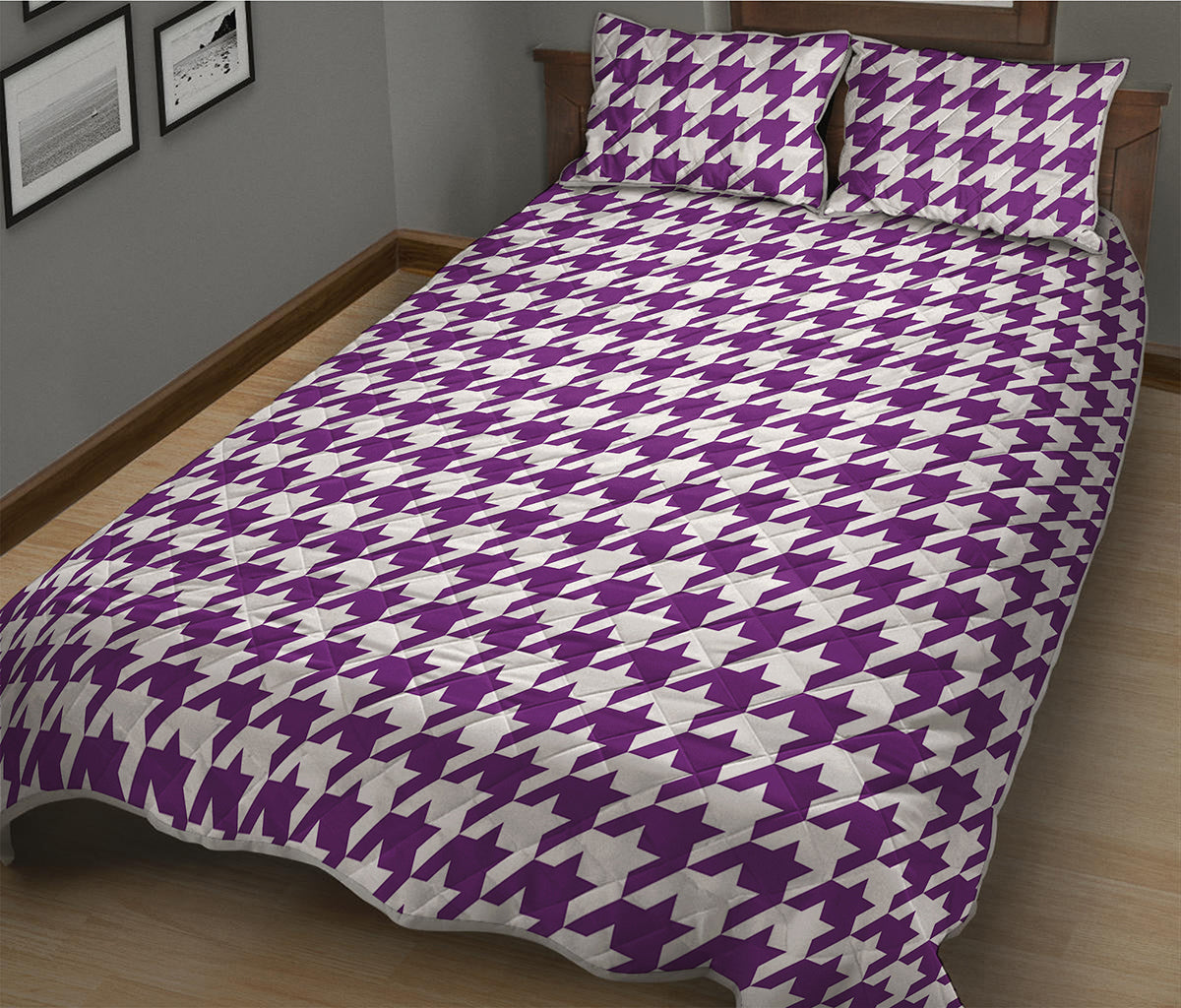 Purple And White Houndstooth Print Quilt Bed Set
