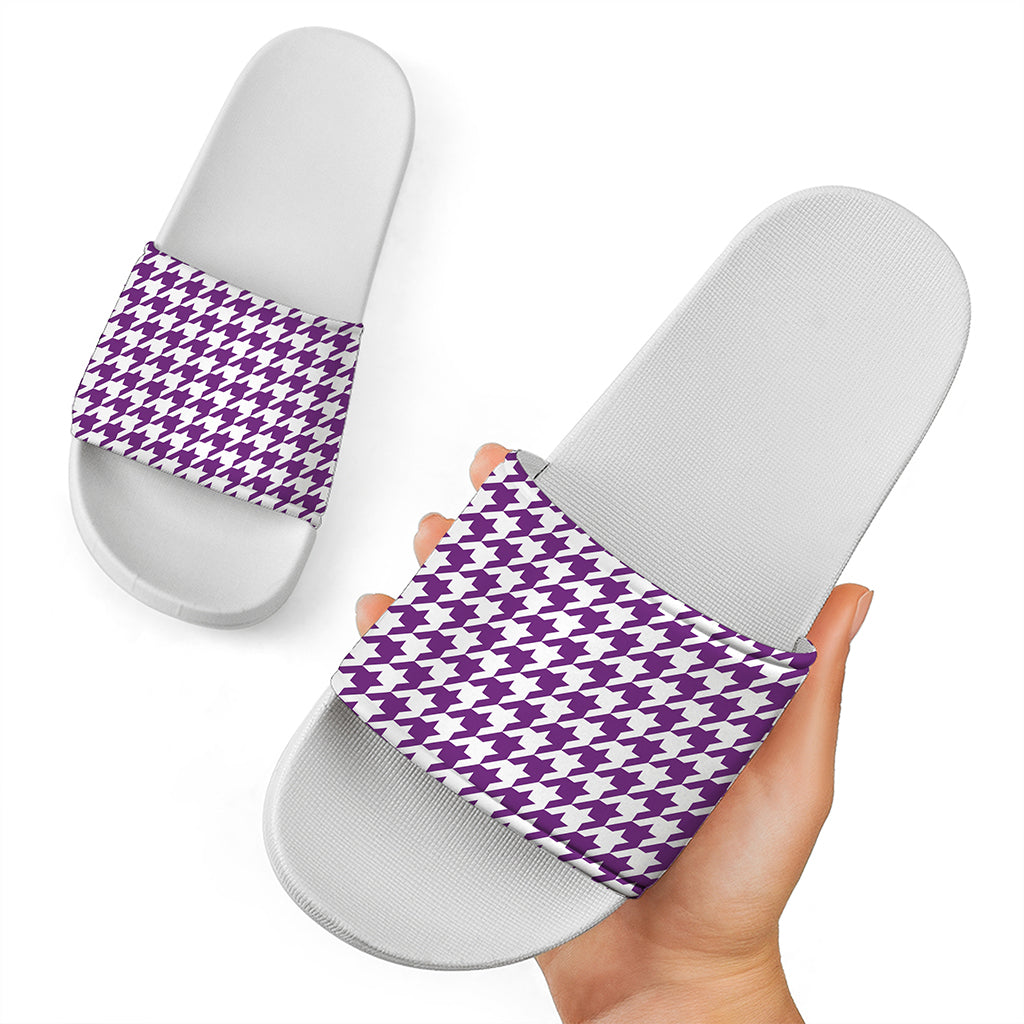 Purple And White Houndstooth Print White Slide Sandals