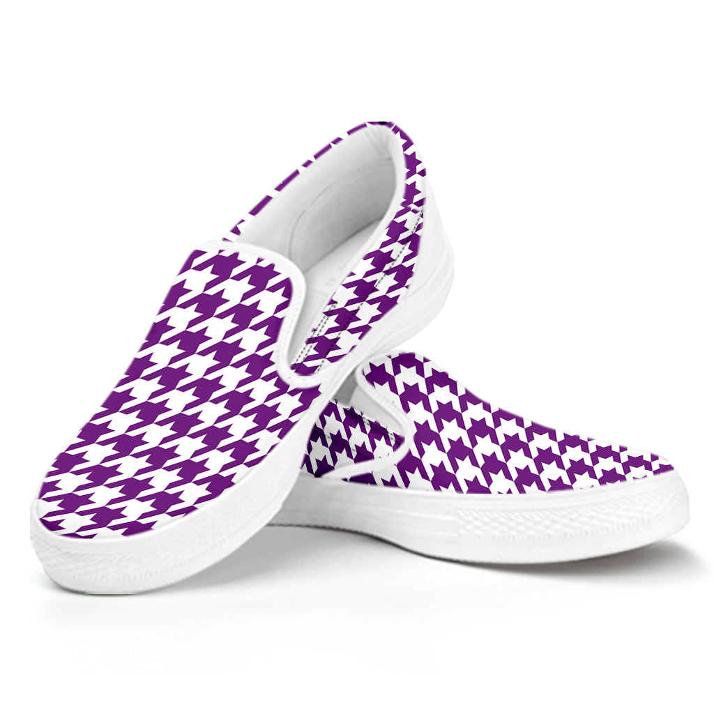 Purple And White Houndstooth Print White Slip On Shoes