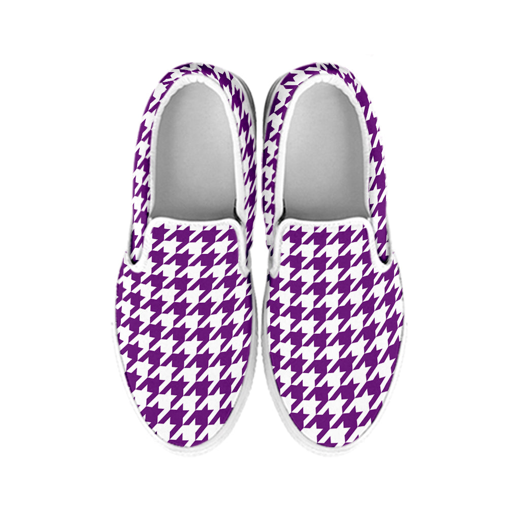 Purple And White Houndstooth Print White Slip On Shoes