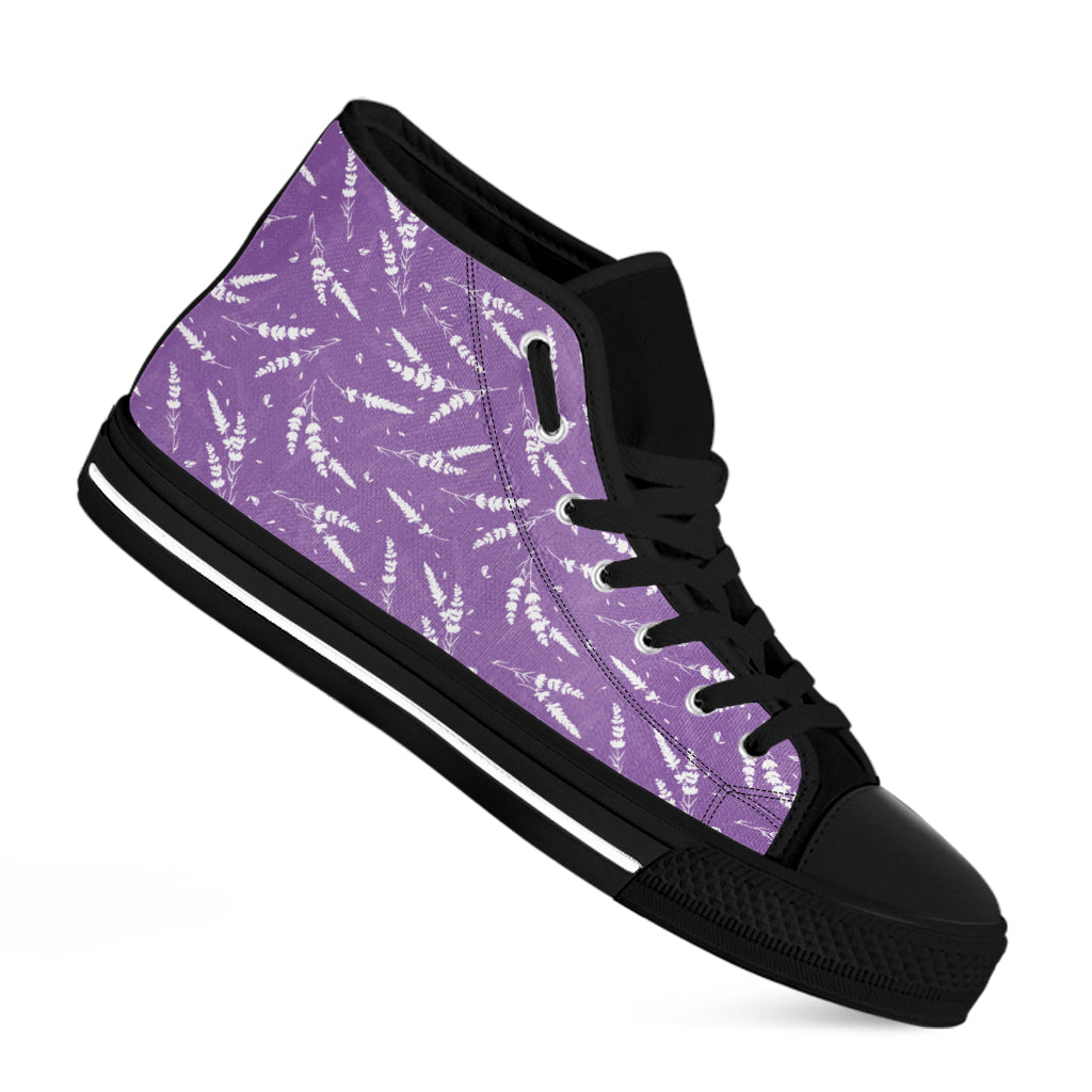 Purple And White Lavender Pattern Print Black High Top Shoes