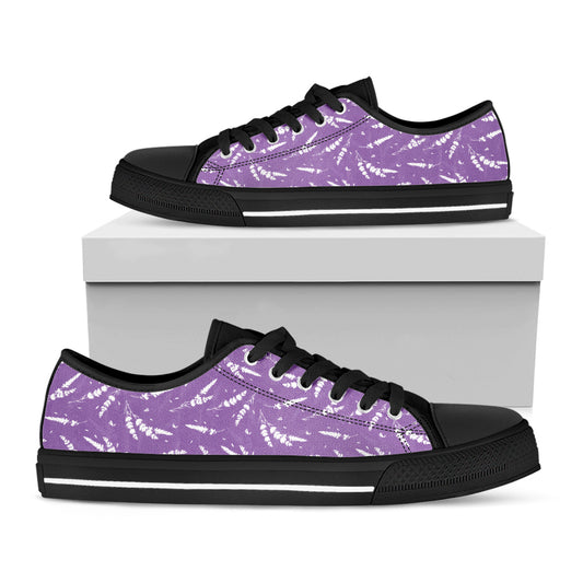 Purple And White Lavender Pattern Print Black Low Top Shoes