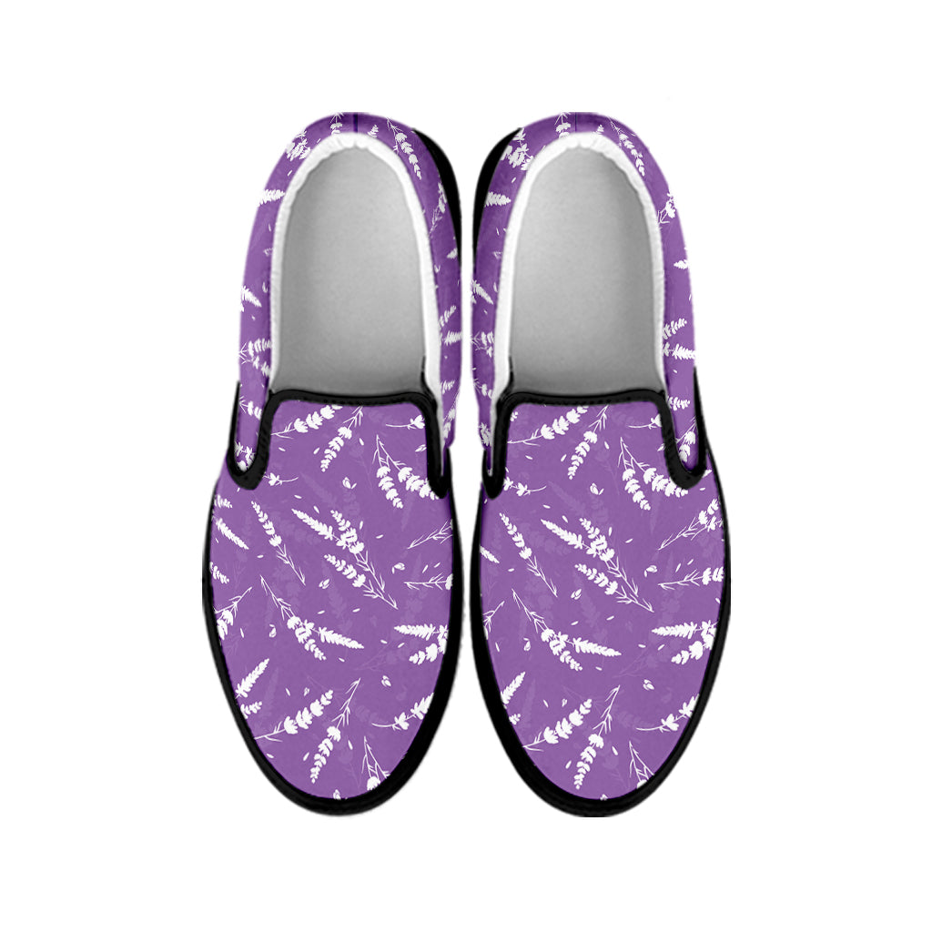 Purple And White Lavender Pattern Print Black Slip On Shoes