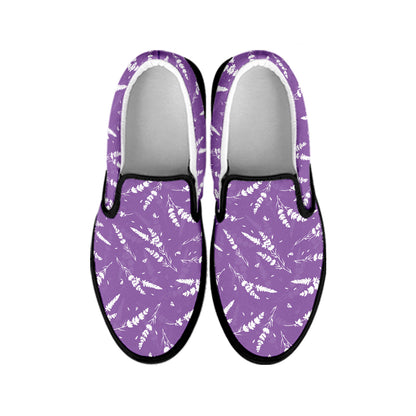Purple And White Lavender Pattern Print Black Slip On Shoes