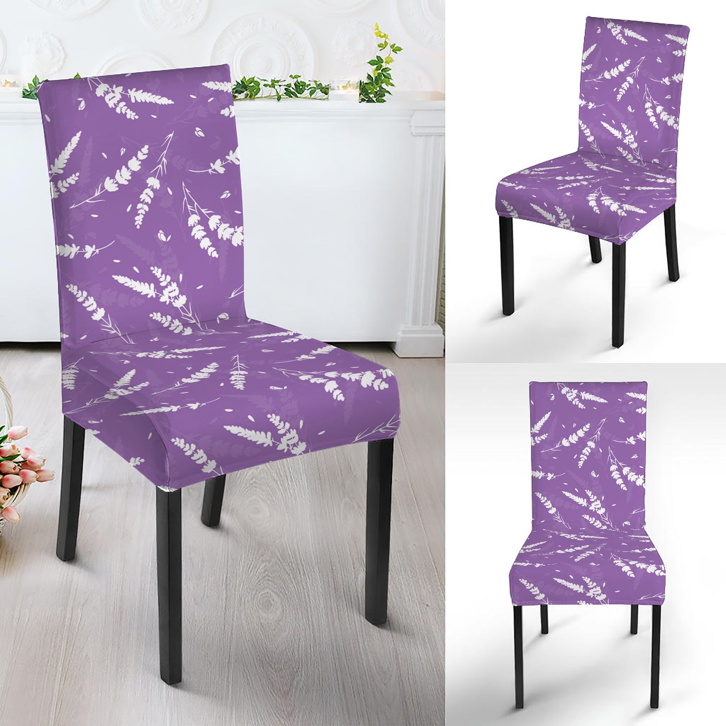 Purple And White Lavender Pattern Print Dining Chair Slipcover