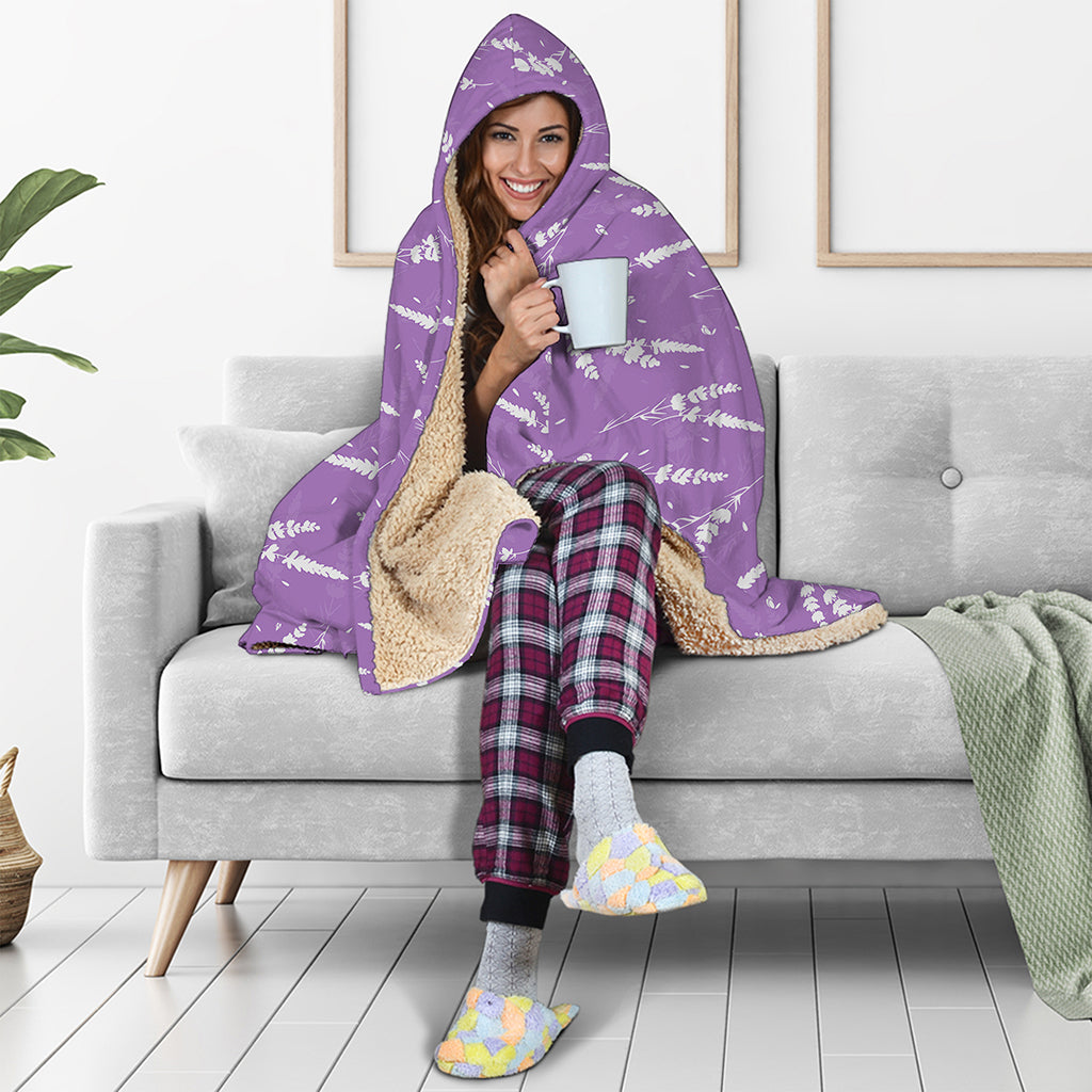 Purple And White Lavender Pattern Print Hooded Blanket