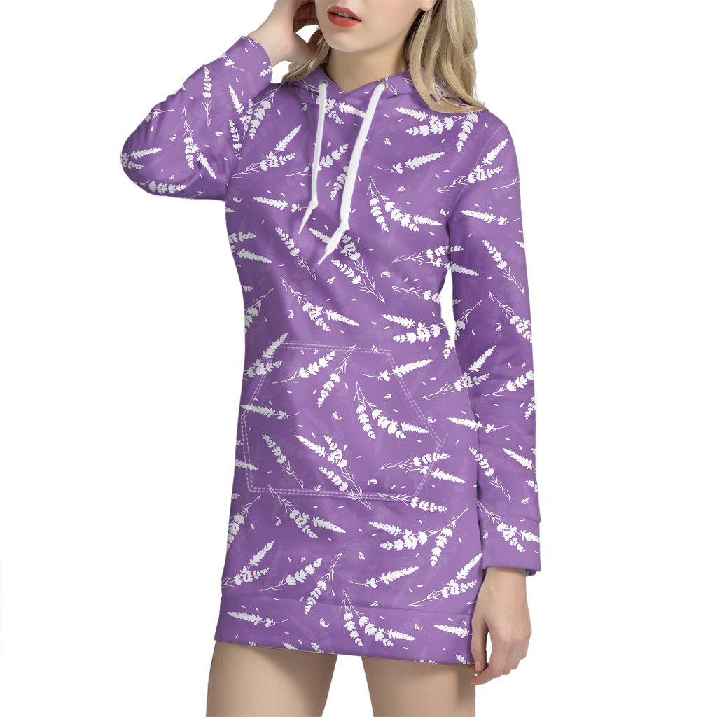 Purple And White Lavender Pattern Print Hoodie Dress
