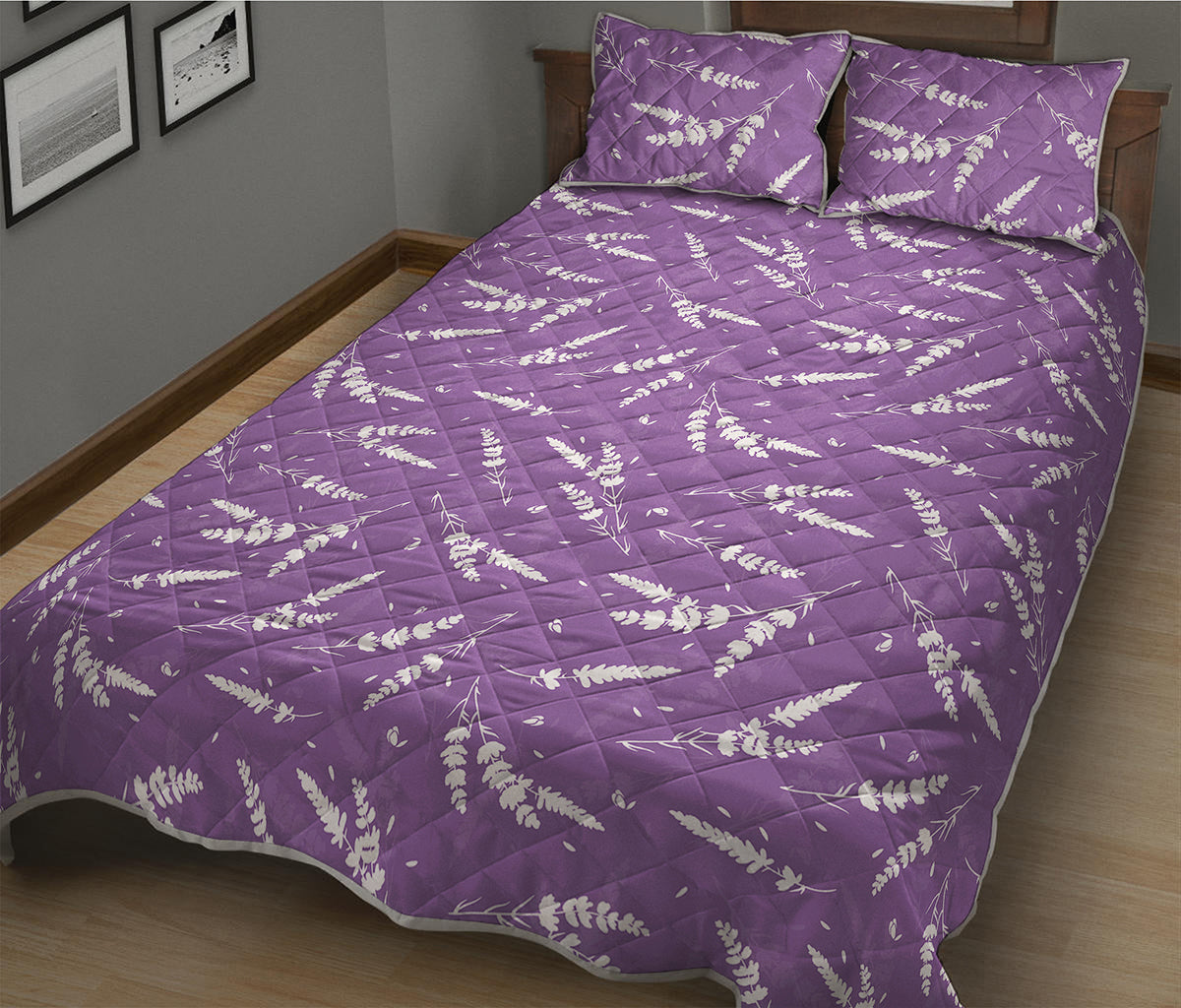 Purple And White Lavender Pattern Print Quilt Bed Set
