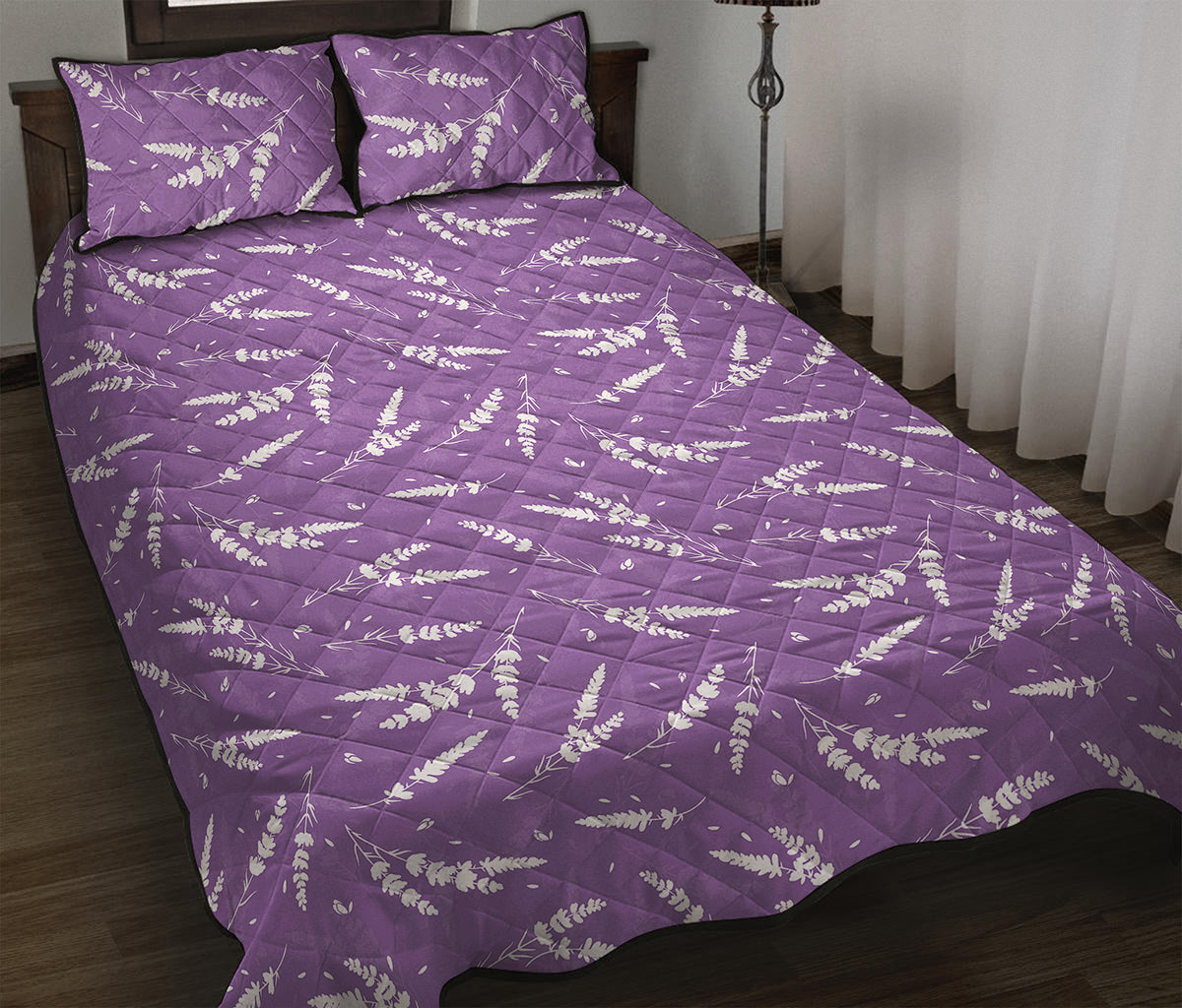 Purple And White Lavender Pattern Print Quilt Bed Set