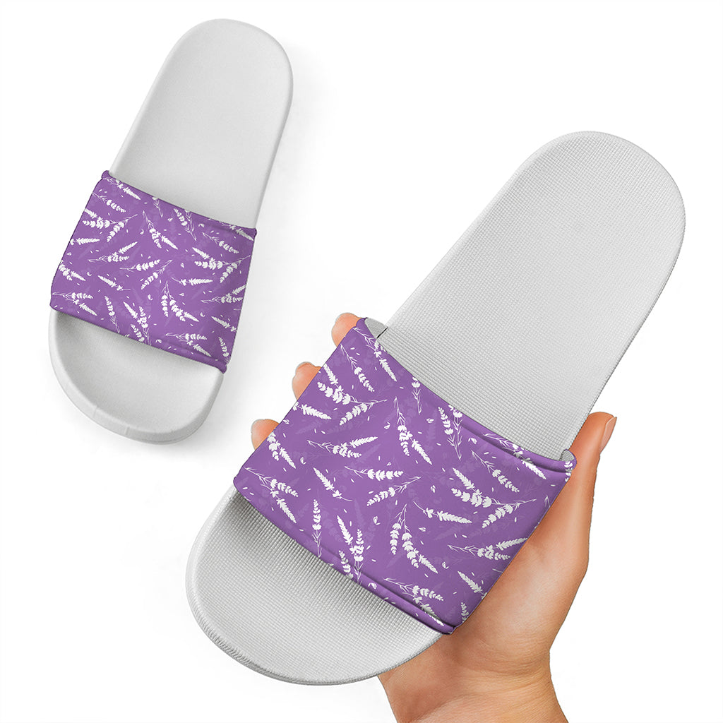 Purple And White Lavender Pattern Print White Slide Sandals