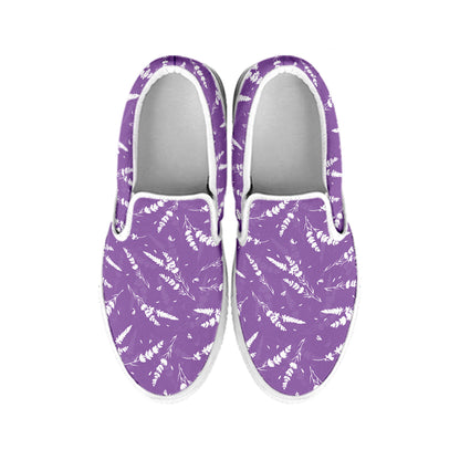 Purple And White Lavender Pattern Print White Slip On Shoes