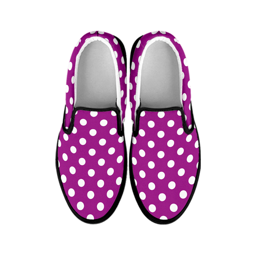 Purple And White Polka Dot Pattern Print Black Slip On Shoes