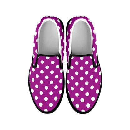 Purple And White Polka Dot Pattern Print Black Slip On Shoes