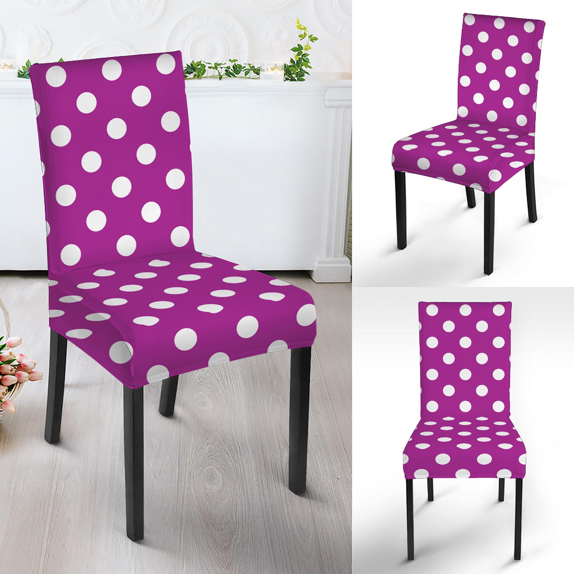 Purple And White Polka Dot Pattern Print Dining Chair Slipcover